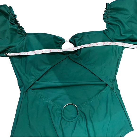 Green Cut Out Silver O-Ring Puff Sleeve Sweetheart Neck One Piece Swimsuit - Picture 9 of 10